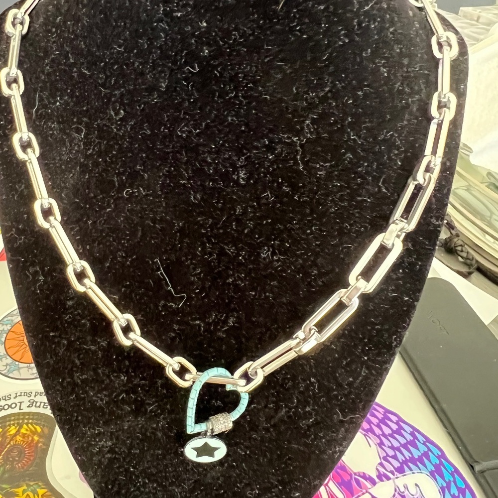 Stainless steel chain with diamond enamel heart carabiner star charm necklace